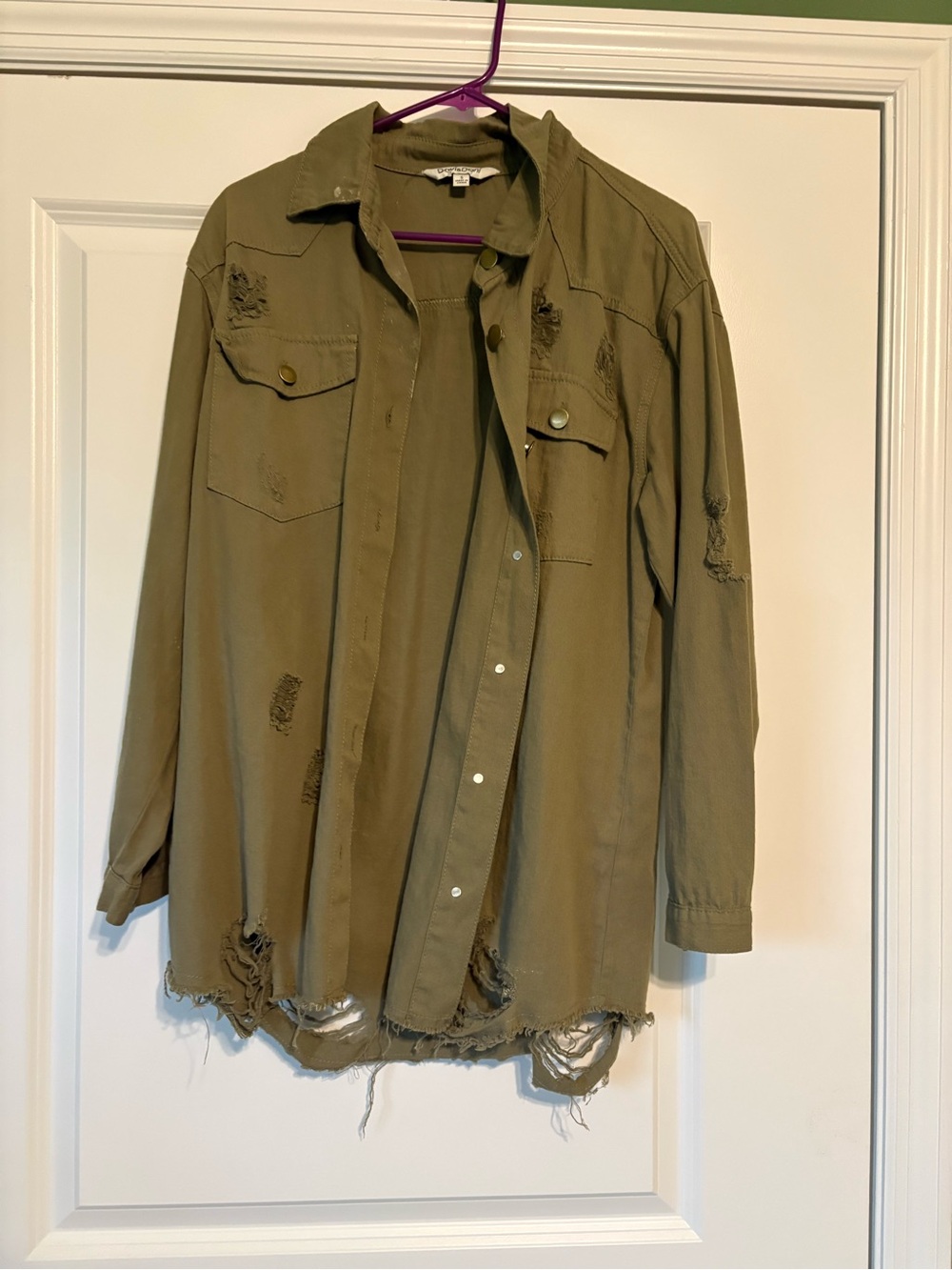 DAVI & DANI Distressed Olive Button-Up Shirt Jacket